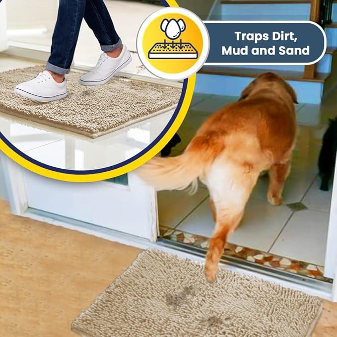 Muddy Mat® Shown on TV – Super Absorbent Microfiber Dog Door Mat for Muddy Paws, Non-Slip Washable Pet Rug, Quick Dry Chenille Entryway Carpet, Machine Washable Indoor Outdoor mat, Beige 30"x19"