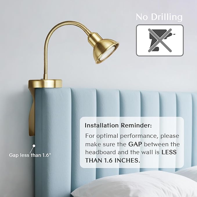Solfres Patented Innovative Design Headboard Reading Light. No Drilling Golden Book Light for Bedtime Reading. Dimmable LED Book Reading Lamp with Bulb. Movable & Flexible, Gold