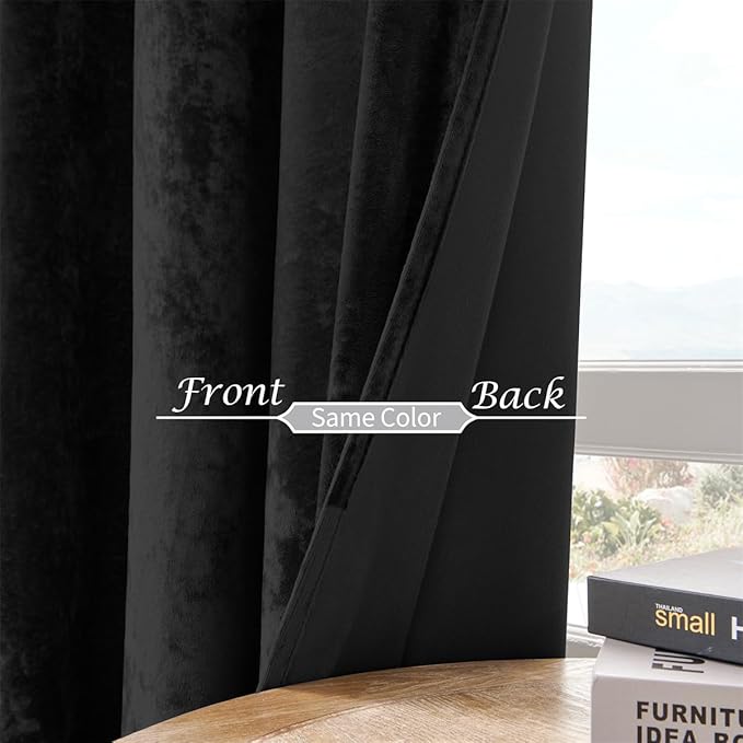 SMILETIME Black Crushed Velvet Curtains 52x108 inch Luxurious Thermal Insulated Soundproof Drapes for Living Room Bedroom Office Soft and Durable Light-Filtering Window Treatments, 2 Panels