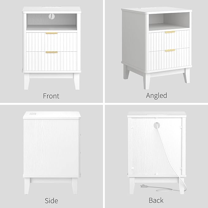 Night Stand with Charger Station, Fluted Nightstand with Drawers and Storage Shelf, Mid Century Modern Bedside Table Nightstands, Large Bed Side Table Wood Night Stands for Bedroom Living room