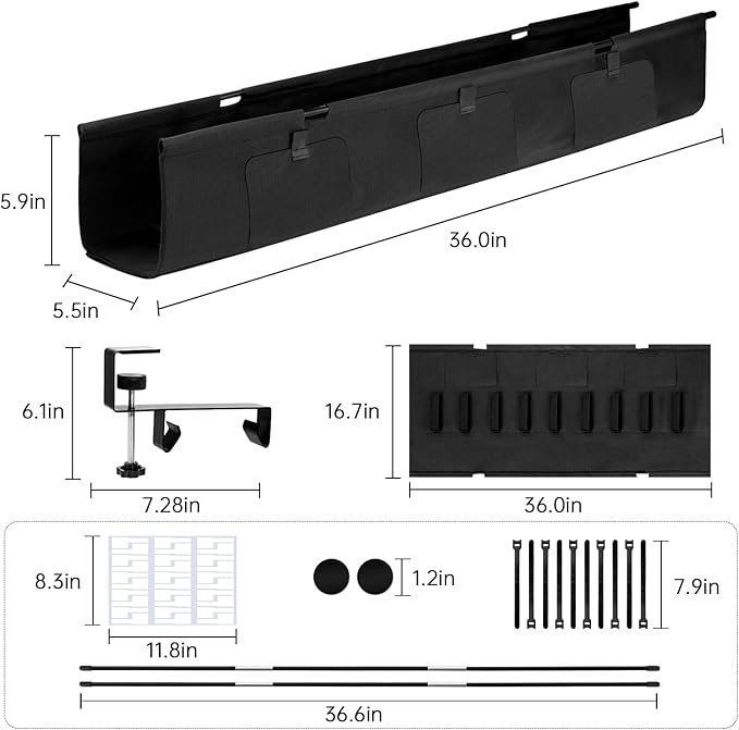 Under Desk Cable Management Tray, 36-inch No-Drill Standing Desk Cable Organizer, Fabric Tray for Power Strips, Adapters & Cables - Black