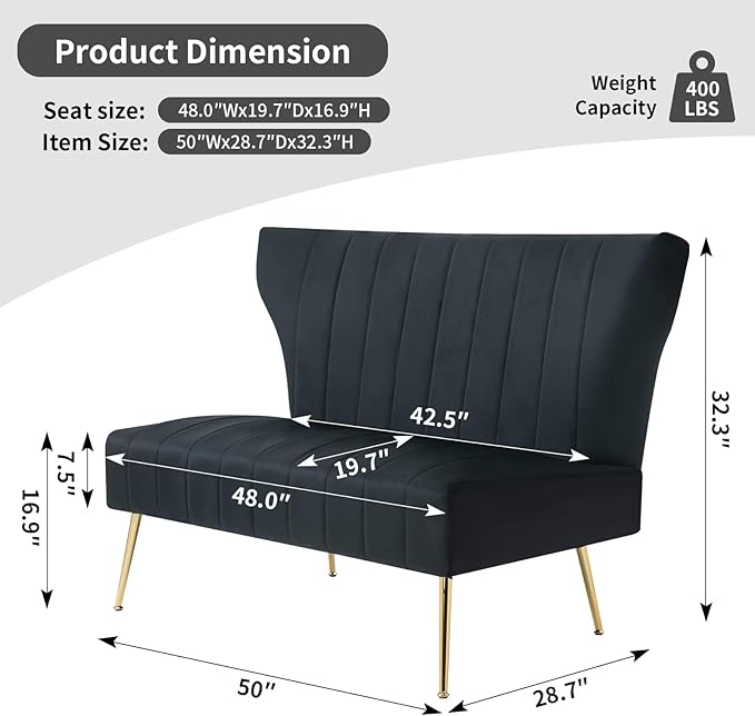 50’’ Armless Loveseat Sofa, Comfy Upholstered Velet Small Couch Sofa with Gold Legs, 2 Seater Tufted Modern Couch for Living Room, Bedroom, Apartment Small Space (Black)