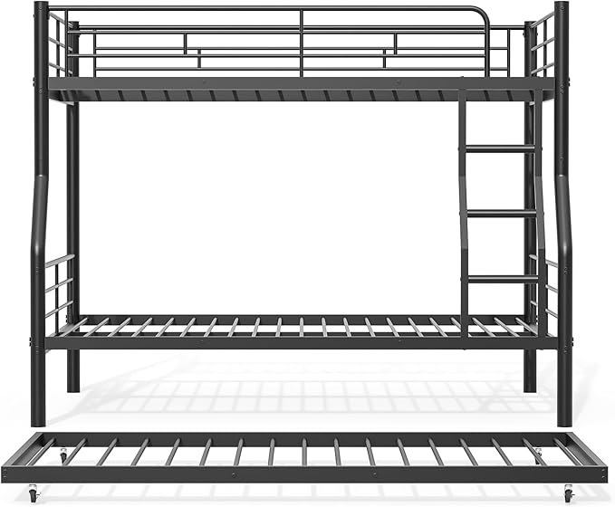 Full XL Over Queen Bunk Bed with Trundle, Heavy-Duty Metal Bunk Bed w/Full-Length Guardrail & EVA Padded Ladder, Convertible to 3 Separate Beds for Adults, Teens, Noise-Free, Black