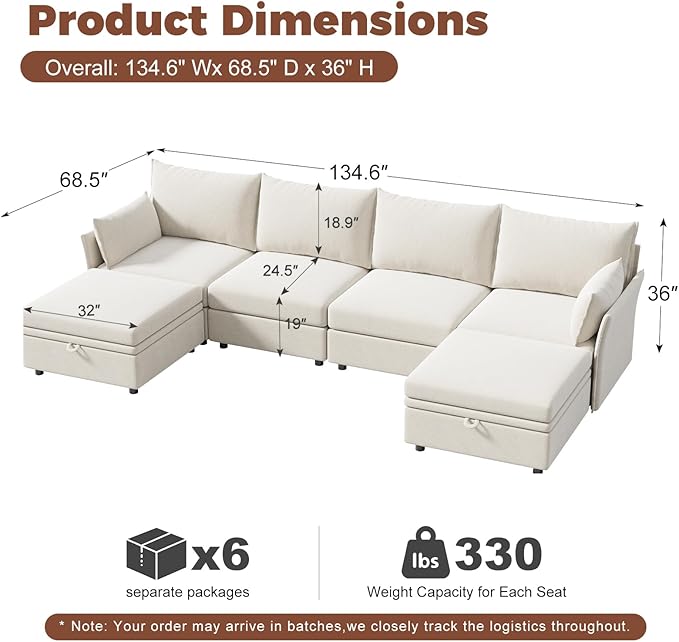 ABCASA 134.6" Oversized Modular Sectional Sofa, 6 Seater U Shaped Couch with Storage Ottoman with Reversible Chaise Deep Seat for Living Room, Apartment - Chenille White