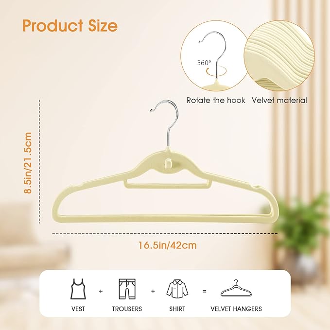 Velvet Clothing Hangers Slim Stackable Non-Slip Beige Suit Hanger Space Saving Clothes Hanger Heavy Duty Adult Hangers with 360°Swivel Hook Pack of 20