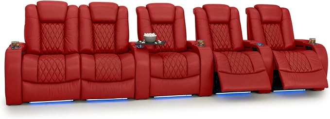 Seatcraft Diamante Zero-Gravity CoolZero Italian Leather Home Theater Seating, Power Headrest, Power Recline, Row of 5 Left Loveseat, Red