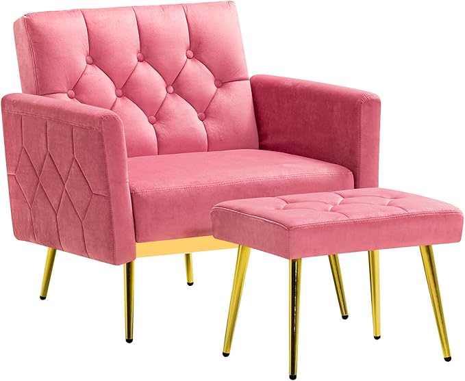 Velvet Accent Chair w/Adjustable Armrests and Backrests, Tufted Single Sofa with Ottoman, Upholstered Reading Chiar for Living Room, Apartment, Bedroom, Pink