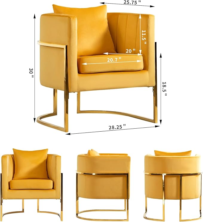 Velvet Modern Accent Chair, Upholstered Barrel Armchair Mid Century with Pillow for Living Room, Comfy Single Vanity Chair with Metal Gold Legs for Bedroom, Yellow