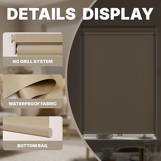 HESTIA No Drill Cordless Blackout Roller Shades Screwless Waterproof Shower Window Blinds, Auto-Retraction Easy Install Blind for Bathroom/Kitchen/Office/Exterior, Greige, 43" W x 72" H