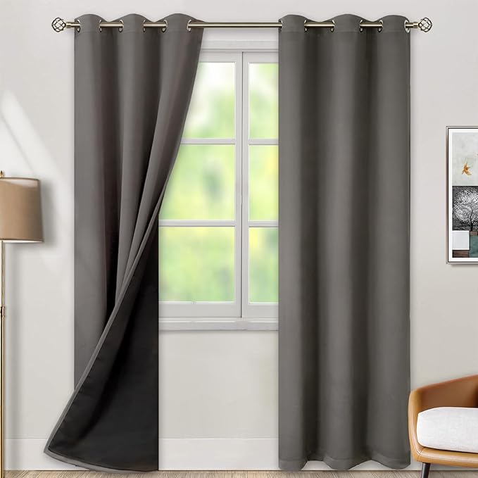 BGment Thermal Insulated 100% Blackout Curtains for Bedroom with Black Liner, Double Layer Full Room Darkening Noise Reducing Grommet Curtain (42 x 84 Inch, Grey, 2 Panels)