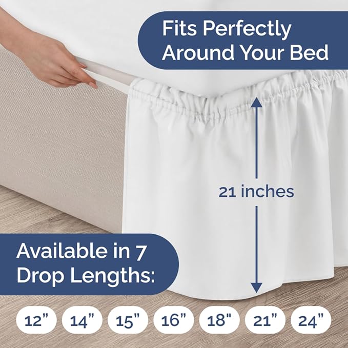 Wrap Around Dust Ruffle Bed Skirt - White - for Full Size Beds with 21 Inch Drop - Easy Fit Elastic Strap - Adjustable Pleated Bedskirt w/Brushed Fabric - Wrinkle Free - for Women, Men, Kids & Teens