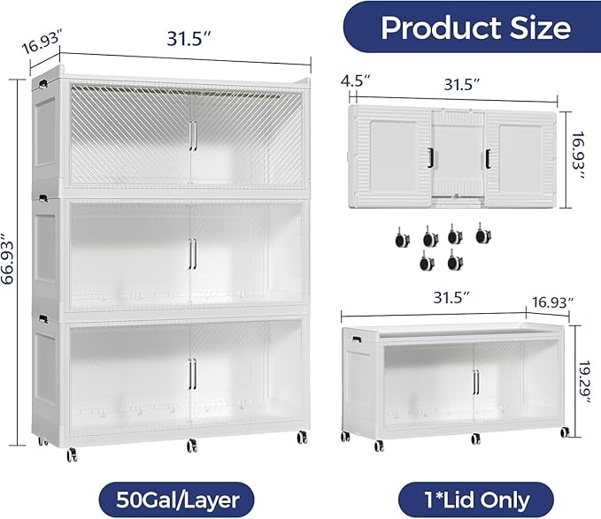 240GAL Extra Large Storage Bins with Lid, 960QT Collapsible Organizer with Wheels, Stackable Closet Cabinet with Doors, Folding Storage Containers for Home, Office, Kitchen, 3Pack White