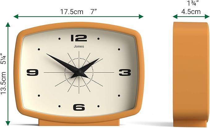 JONES CLOCKS® Film Desk Clock | Retro Rectangular Design | Mustard Yellow | Retro Design, Blending mid Century Style with a Punchy Modern Finish for Shelf, Table, Mantel or Bedside