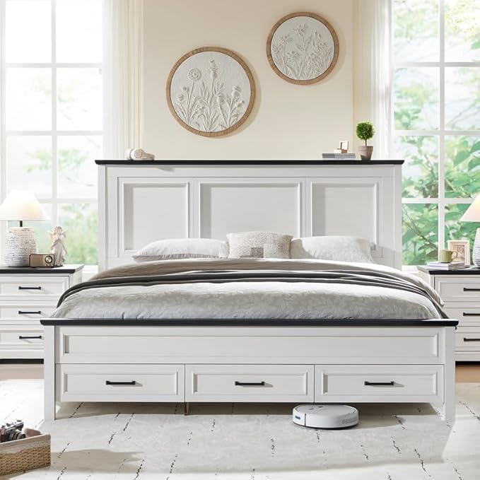 ACCOHOHO Farmhouse King Size Bed Frame with 52" Tall Headboard, Wood Platform Bedframe with Footboard and Storage Drawers, No Squeak, No Box Spring Needed, White