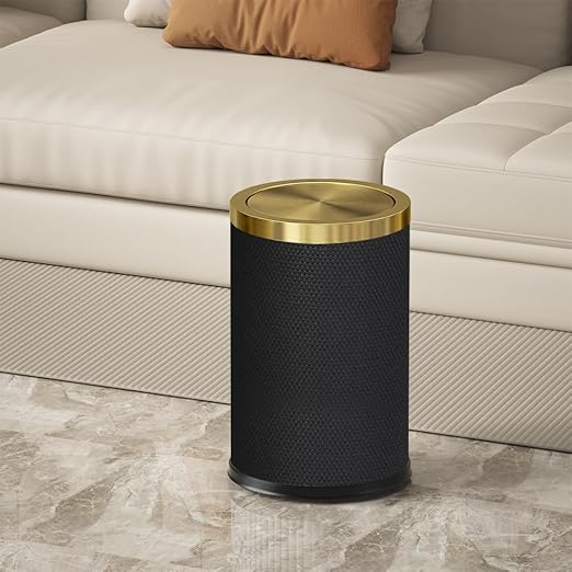 2.4 Gallon Bathroom Trash Can with Lid, Pu Leather Modern Garbage Can, Round Decorative Waste Basket, for Near Desk, Powder, Bedroom, Hotel, Office, Home (9L-Checked Black)