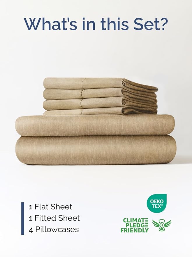 Extra Deep Queen Sheet Set - 6 Piece Breathable and Cooling Sheets - Hotel Luxury Bed Sheets Set - Easy Fit - Soft, Wrinkle Free and Comfy Sheets Set - Heathered Tan Sheet Set with Extra Deep Pockets