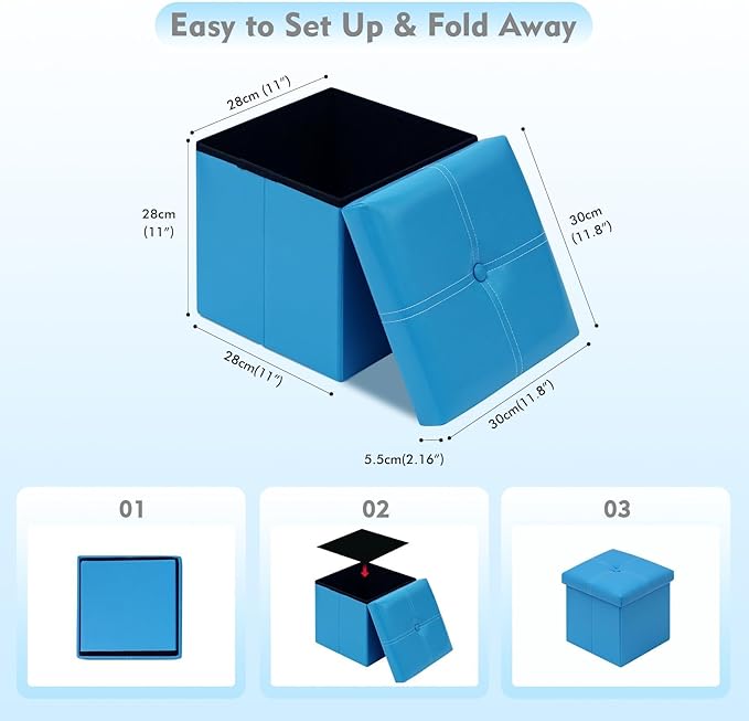 B FSOBEIIALEO Folding Storage Ottoman Cube, Faux Leather Footrest Seat Coffee Table, Blue 11.8"x11.8"x11.8"