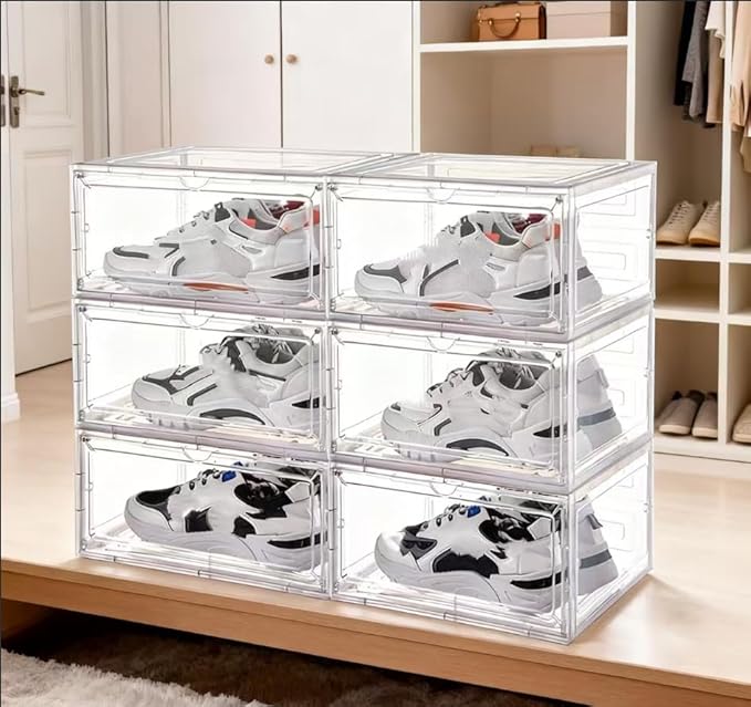 Transparent Plastic Stackable Shoe Storage Box, 6 Pack Side Opening Shoe Box, Suitable For Storing And Displaying Sneakers 13'' x 11.2‘ x 7.5’ (Transparent Colour)