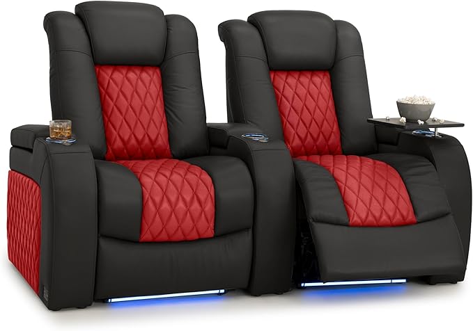 Seatcraft Diamante Zero-Gravity CoolZero Italian Leather Home Theater Seating, Power Headrest, Power Recline, Row of 2, Black/Red