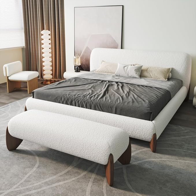 homary Curva Modern White Boucle King Size Platform Bed Set & Bedroom Bench with Solid Rubber Wood Legs, Upholstered Headboard, Comfortable & Stylish for Master Suite or Guest Room