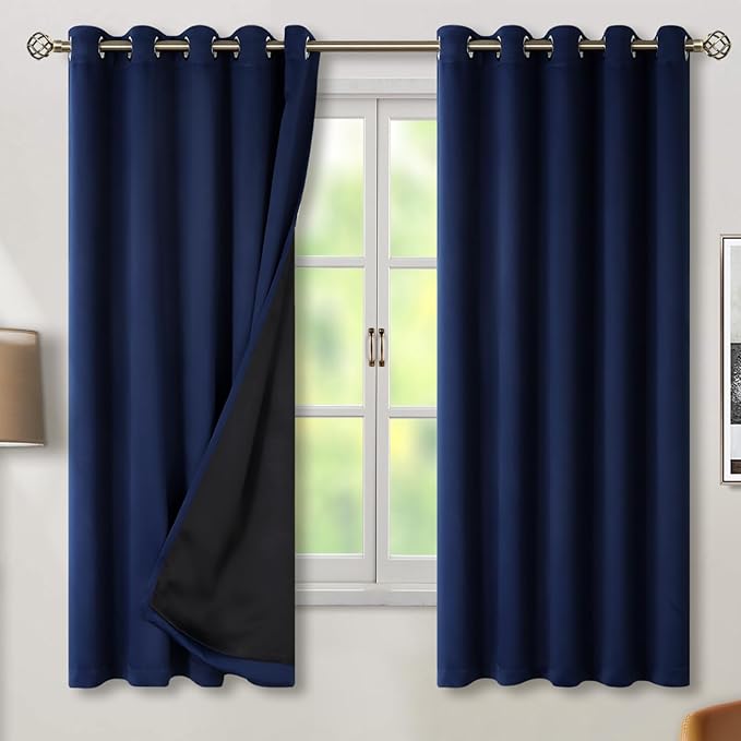 BGment Thermal Insulated 100% Blackout Curtains for Bedroom with Black Liner, Double Layer Full Room Darkening Noise Reducing Grommet Curtain (60 x 63 Inch, Navy Blue, 2 Panels)