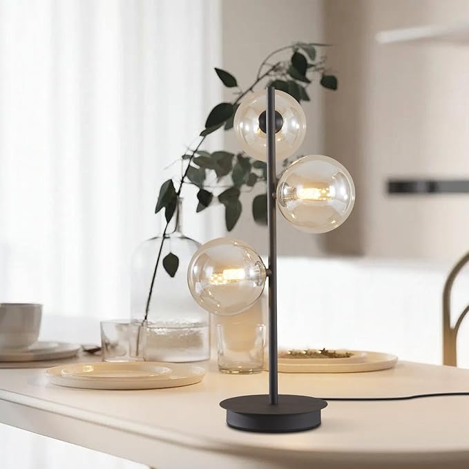 Mid Century Modern 3 Lights Globe Table Lamp Contemporary Minimalist Tall Bedside Desk Lamp Farmhouse Cognac Glass Nightstand Lamps Vintage Reading Light for Bedroom Living Room MTL03-B
