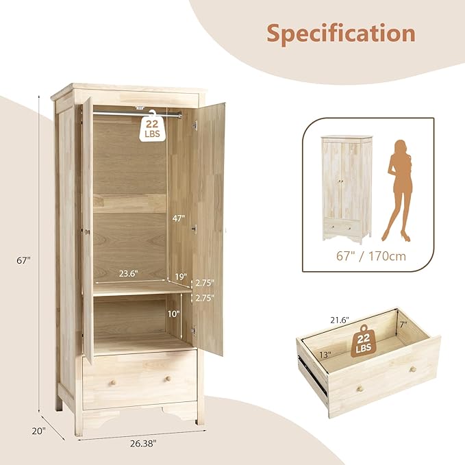 VINGLI Solid Wood Wardrobe Closet, Unfinished Natural Rubber Wood Armoire Color DIY, Wooden Wardrobe Closet with Doors and Drawers, Real Wooden Armoire for Hanging Clothes
