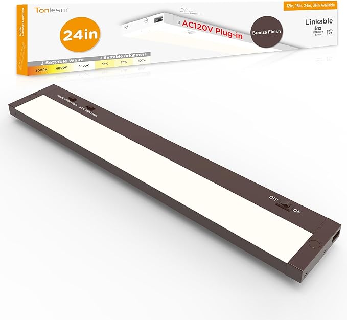24 Inch Under Cabinet Lighting Plug in, 14W 120V 3 Color 3000K/4000K/5000K, 3 Brightness, Super Bright, Ultra Thin Under Counter Lights for Kitchen, Linkable LED Cabinet Light, Bronze