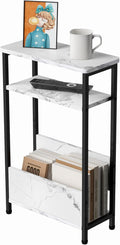 THUMEYE 7.1" Narrow Side Table for Small Spaces, 3 Tier Small End Table with Magazine Holder, Slim/Skinny Nightstand/Bedside Table for Living Room, Bedroom, 15.4" L x 24.2" H, Faux White Marble