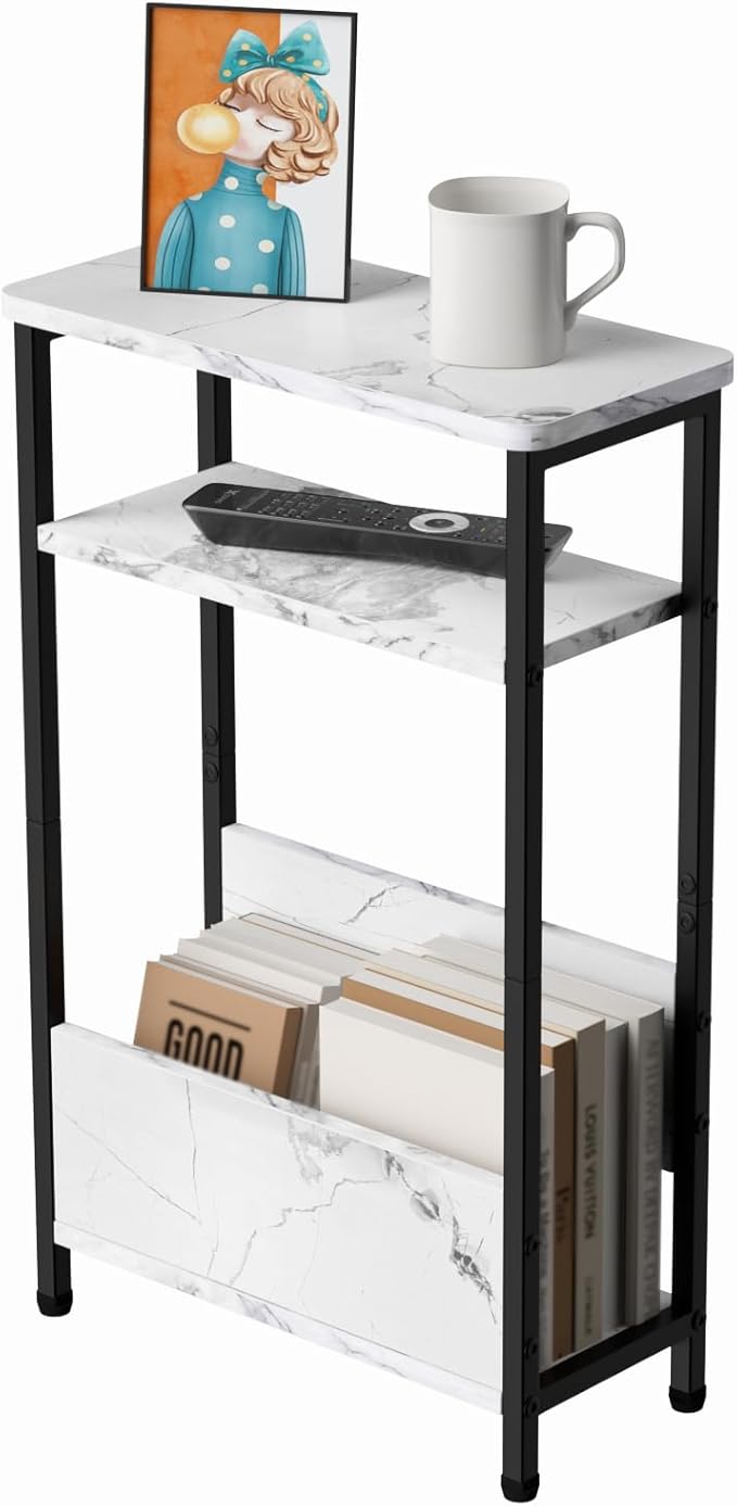 THUMEYE 7.1" Narrow Side Table for Small Spaces, 3 Tier Small End Table with Magazine Holder, Slim/Skinny Nightstand/Bedside Table for Living Room, Bedroom, 15.4" L x 24.2" H, Faux White Marble