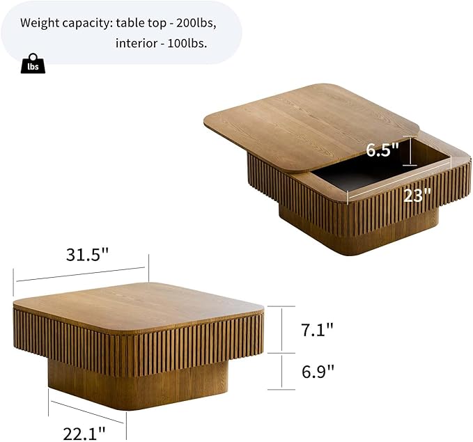 Square Small Coffee Table with Storage, Modern Wooden Coffee Table with Solid Wood Veneered, Fluted Center Table Drum Tea Table for Living Room Apartment, 31.5''L×31.5''W×14''H