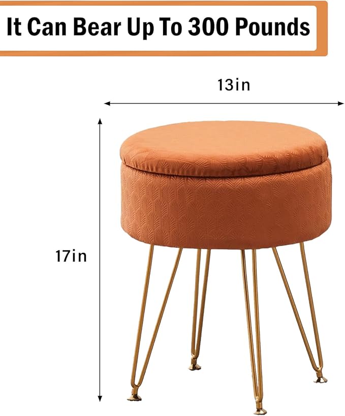 Cpintltr Modern Velvet Foot Rest Stool Upholstered Round Storage Ottomans Multipurpose Dressing Stools Luxury Home Decor Ottoman Coffee Table Top Cover Footstool with Metal Legs Pumpkin Brown