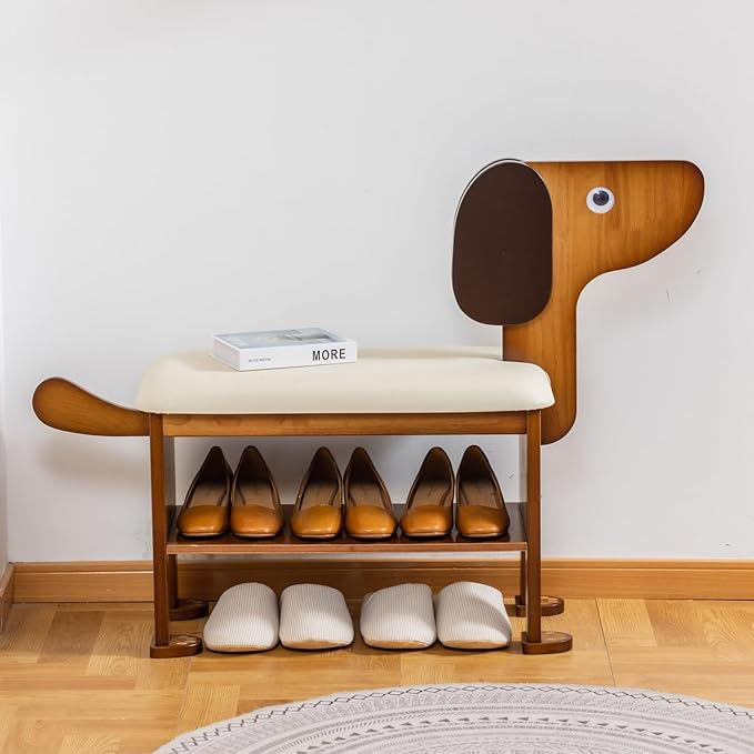 latifolia Puppy Shoe Bench, 2-Tier Solid Wood Entryway Organizer, Cute Pet-Shaped Shoe Bench for Hallway & Living Room,(23.62 inch)
