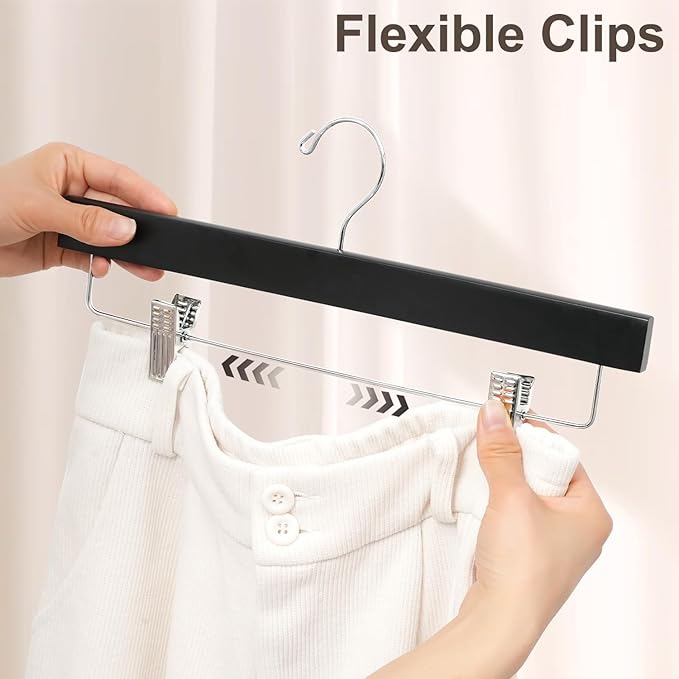 BAGAIL 10 Pack Wooden Pants Hangers with Adjustable Clips, 360°Swivel Hook Space Saving Skirt Holders with Anti-Rust Clips for Trousers, Jeans, Shorts (Black)