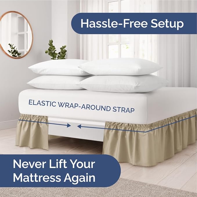 Wrap Around Dust Ruffle Bed Skirt - Beige - for King Size Beds with 24 Inch Drop - Easy Fit Elastic Strap - Adjustable Pleated Bedskirt w/Brushed Fabric - Wrinkle Free - for Women, Men, Kids & Teens