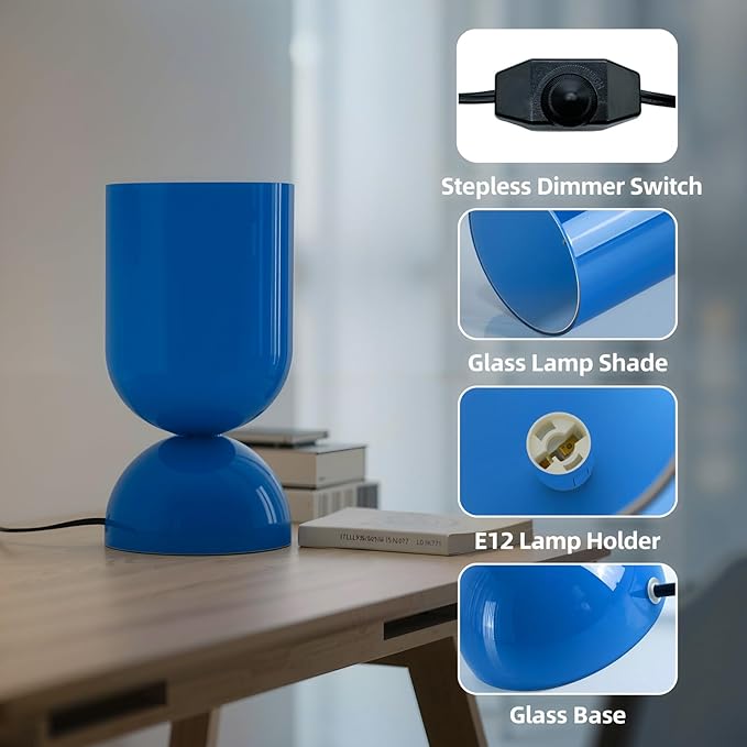 8.9" Modern Glass Table Lamp for Living Room, Dimmable Desk Lamps for Bedroom, UL Listed Nightstand Lamp with Dome Base, End Table Lamps for Home, Side Tables, College Dorm, Office, Glossy Blue