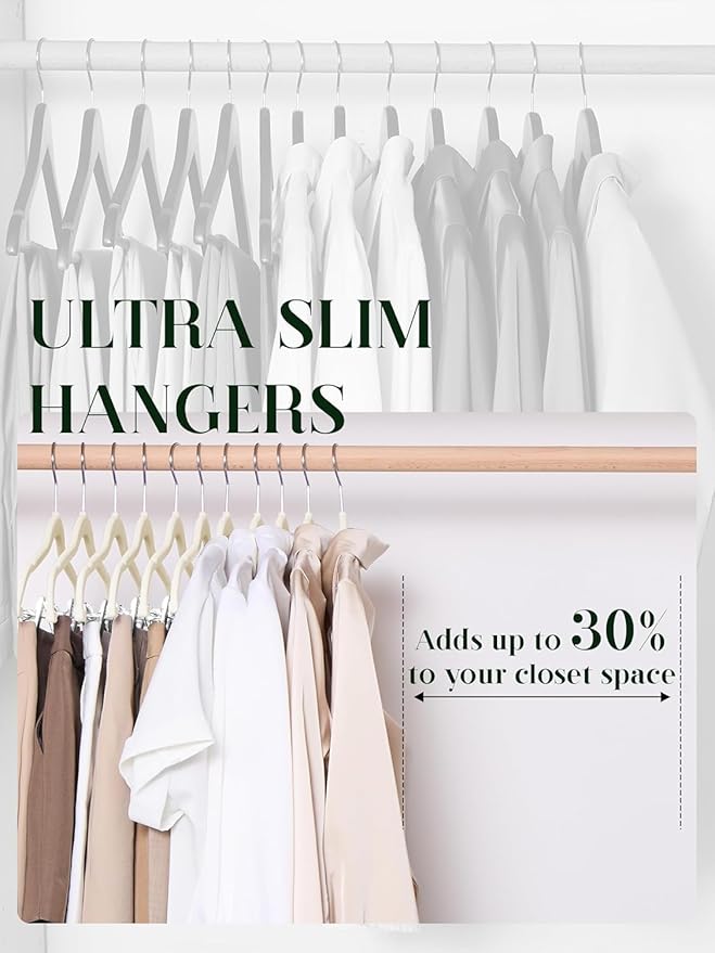 Cozymood Velvet Skirt Hangers - Pack of 48- Velvet Hanger with Clips Ultra Thin Non Slip Pants Hangers Space Saving Clothes Hanger for Trouser, Skirts, Jeans, Dress (Beige)