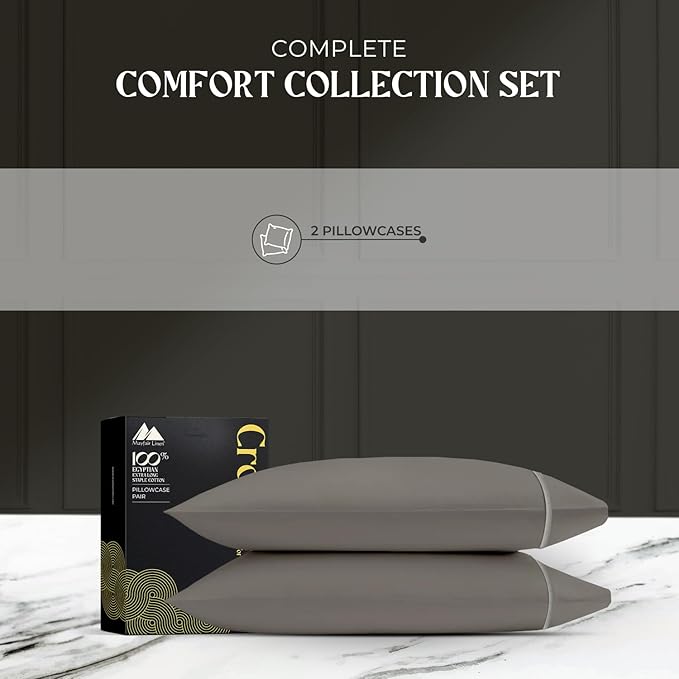 Mayfair Linen Standard Pillowcases Set of 2 - Luxury 2000 Series 100% Egyptian Cotton Standard/Queen Size Pillow Cases, Soft, Envelope Closure Hotel Quality Pillowcase (21 x 32, Dark Grey)