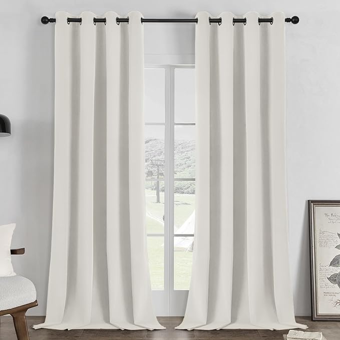 Joydeco White 100% Blackout Curtains 108 Inch 2 Panels, Luxury Thermal White Velvet Curtains for Bedroom Living Room, Soundproof Blackout Window Drapes, Grommet Top (52W x 108L)