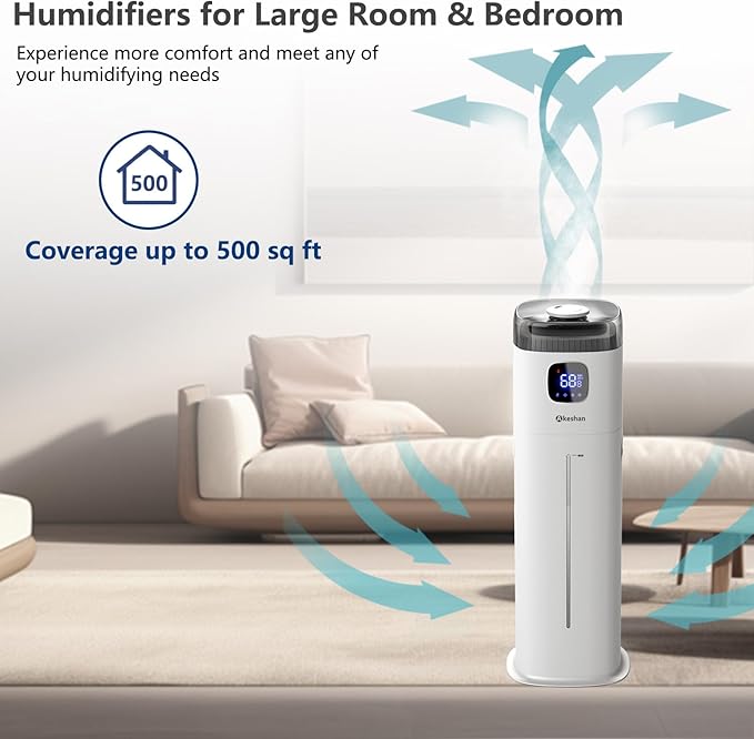 Large Humidifier for Bedroom, 9L/2.5Gal Ultrasonic Cool Mist, Easy Clean with 350ML/H Large Mist Speed, Remote control, Quiet Tower, Suitable for Kids Room Plant Yoga