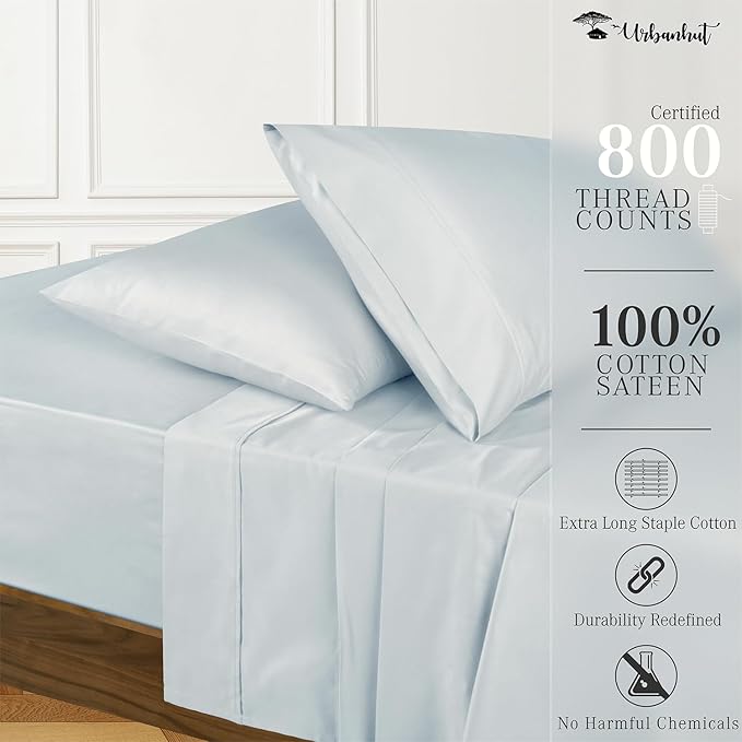 URBANHUT 800 Thread Count 100% Cotton Full Size Sheets, Luxury 4 Piece Full Bedsheets, Hotel Sheets Sateen Finish - Better Than Egyptian, 16" Elasticized Deep Pocket - Light Blue
