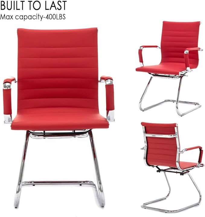 Wahson Office Guest Chairs Set of 2, Leather Reception Chairs, Mid Back Waiting Room Chair, Conference Chairs with Sled Base, Desk Chair No Wheels for Meeting/Lobby/Restroom, Dark Red