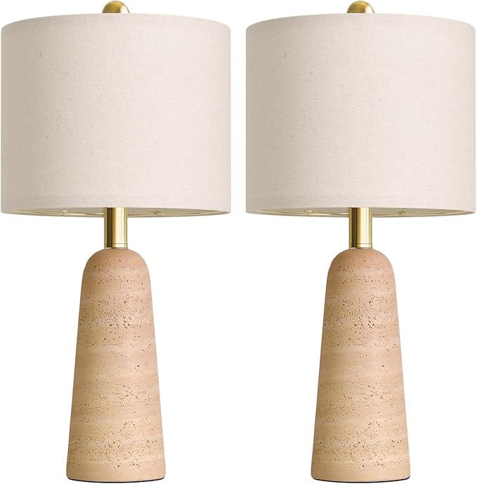 BOBOMOMO 21" Modern Table Lamps Set of 2, Warm Beige Resin Lamp with Stone Look, Small Bedside Lamps for Bedroom, Cozy Nursery Lamps with Linen Shades, Nightstand Lamp for Small Spaces, Entryway
