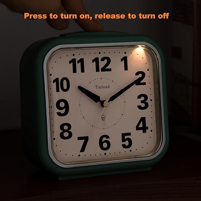 5.5" Large No Ticking Analog Alarm Clock,Silent Readable for Seniors,Easy to Set,Gradual Rise Alarm,Big Numbers,Gentle Wake,Snooze, Lighted on Demand,Battery Operated,Green