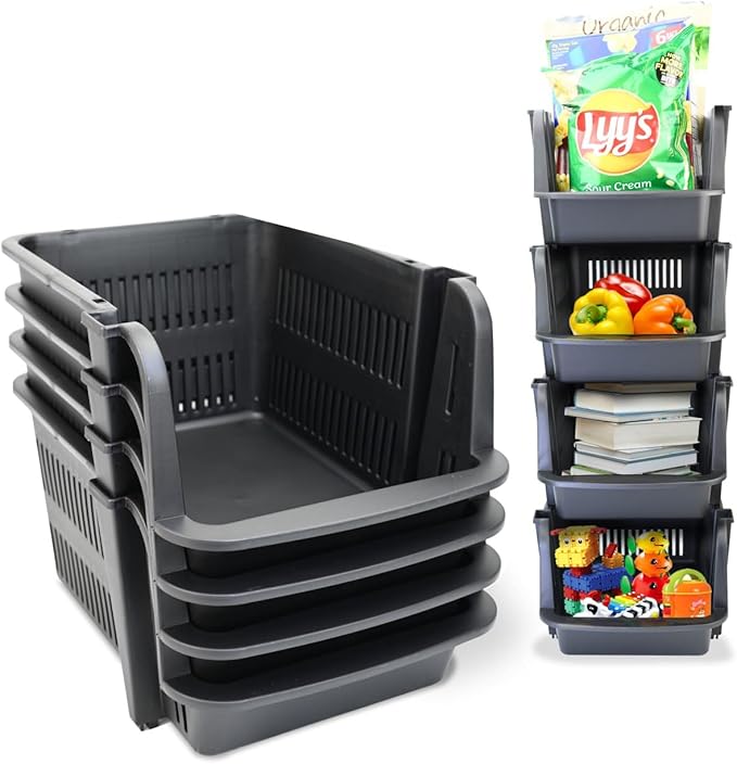 Skywin TidyFriend Stackable Storage Bins for Pantry - 4 Pack Large Stackable Bins for Organizing Food, Kitchen, and Bathroom Essentials (Black)