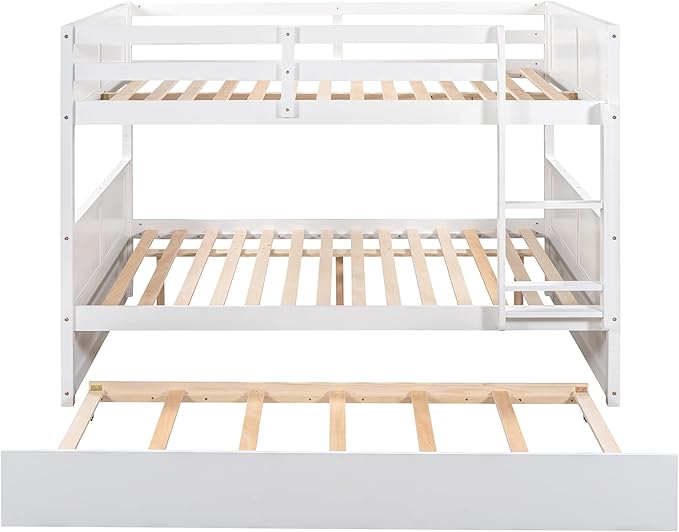 Upgraded Version Best Full Over Full Bunk Bed with Trundle, Thicken Solid Wood Full Size Bunk Bed, Bunkbed Frame Full Over Full, Convertible to 2 Beds, Easy Assembly for Adults (White)