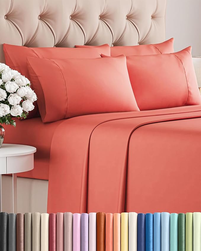 Cal King 6 Piece Sheet Set - Cooling, Comfy & Breathable - Hotel Luxury Bedding, Includes Fitted Sheet for Women, Men, Kids & Teens - 1 Flat, 1 Fitted Sheet, 4 Pillowcases with Deep Pockets - Coral