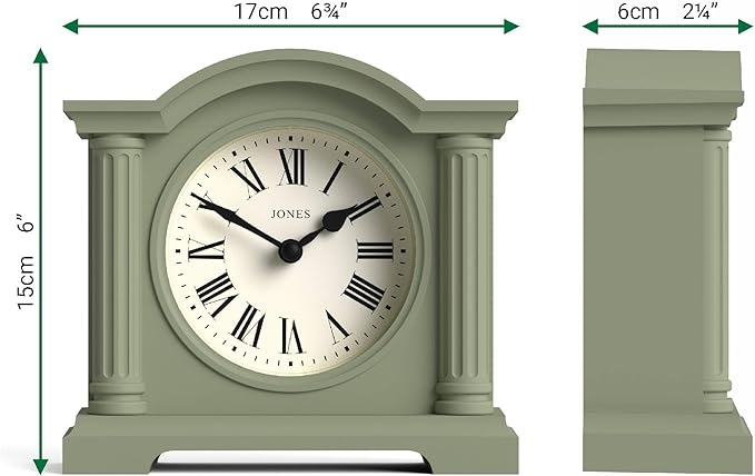 JONES CLOCKS® Kensington Mantel Clock | Classic Arch top Clock | Sage Green | Stylish & Contemporary | Ideal for Desk, Mantelpiece, Bookshelf or Bedside