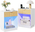CMFYDAILY Fluted Nightstands Set of 2 with Charging Station & Built-in LED Lights, Bedside Tables with Wave Pattern Drawer & Open Shelf, Safe for Kids, Bedroom Storage
