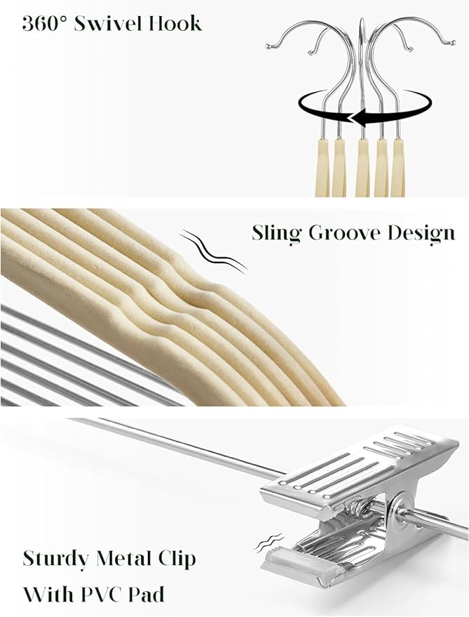 Cozymood Velvet Skirt Hangers - Pack of 48- Velvet Hanger with Clips Ultra Thin Non Slip Pants Hangers Space Saving Clothes Hanger for Trouser, Skirts, Jeans, Dress (Beige)